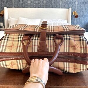Vintage Burberry Haymarket Check Duffle Luggage Travel Bag Leather Boston Bag